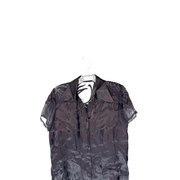 Black Basic Dressy Vamp Silk Short Sleeve Collared Button Up Blouse Large - Picture 2 of 10